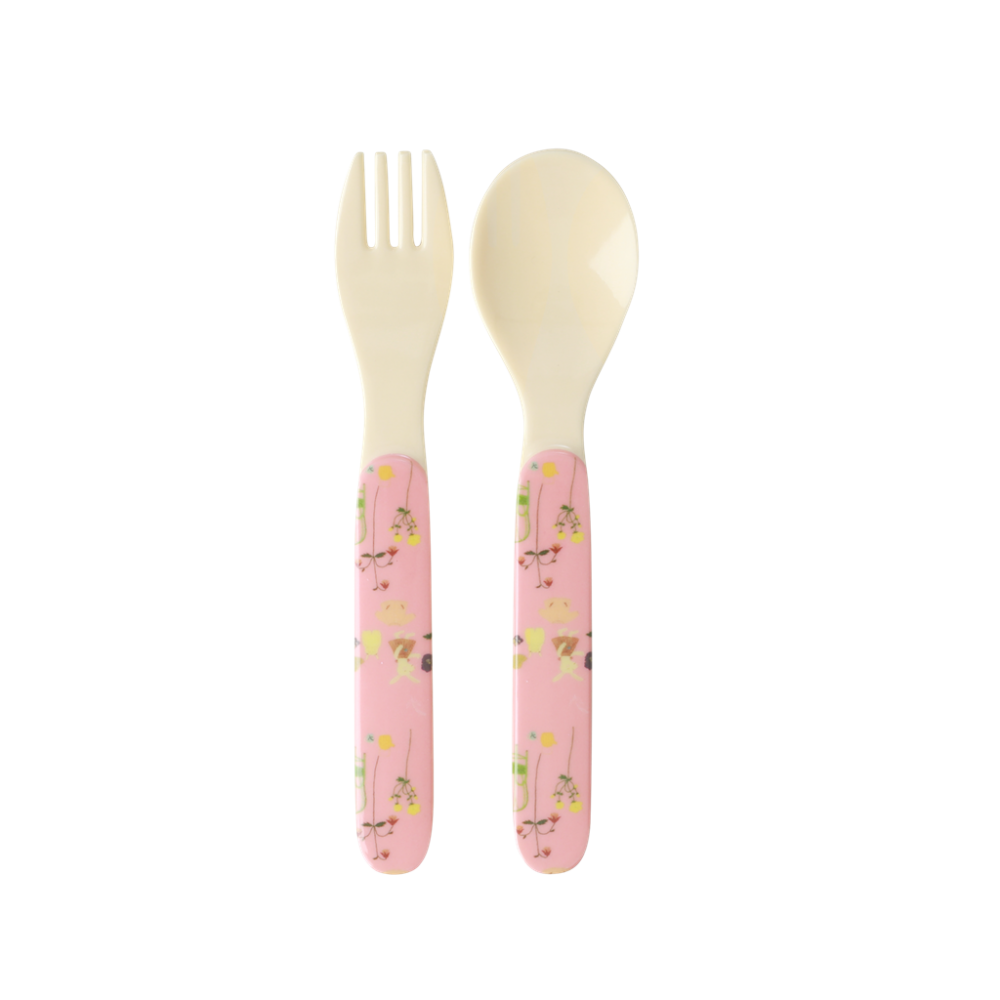 Kids Melamine Spoon and Fork Set Pink Bunny Print by Rice DK